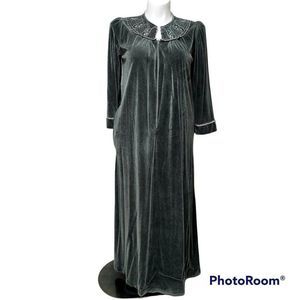 Vintage Heather Size M Grey Velvet Long House Coat Dress Floral‎ Embroidery